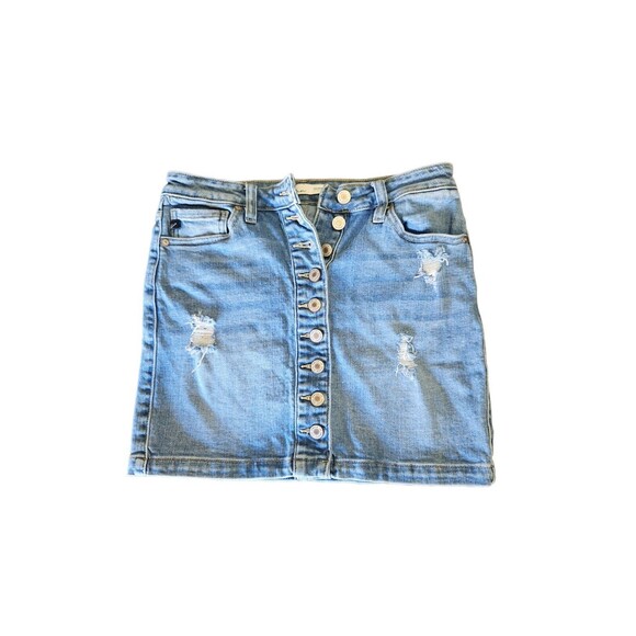 Kancan Button Front Denim Mini Skirt Size S/M 26 Distressed Light Wash - Picture 1 of 10